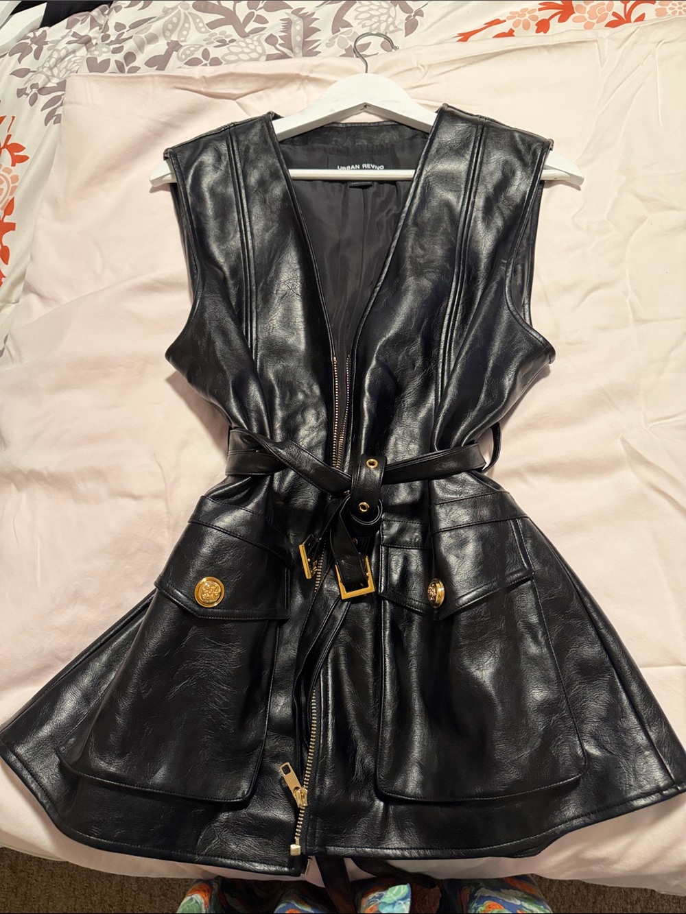 Sleeveless Black Faux Leather Belted Vest with Gold Hardware